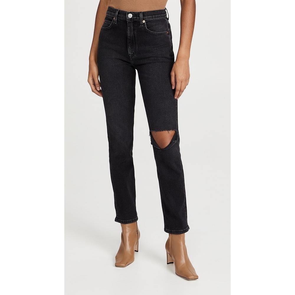 RE/DONE 70s Straight Jeans Washed Noir w/ Hole Distressed Black Size 25